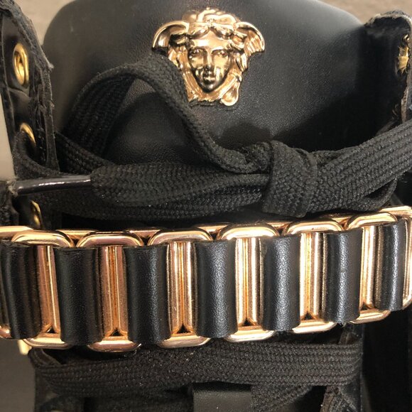 Versace Medusa High Top Sneakers – Black Leather Gold Hardware – Men’s Size 44 - Picture 9 of 14